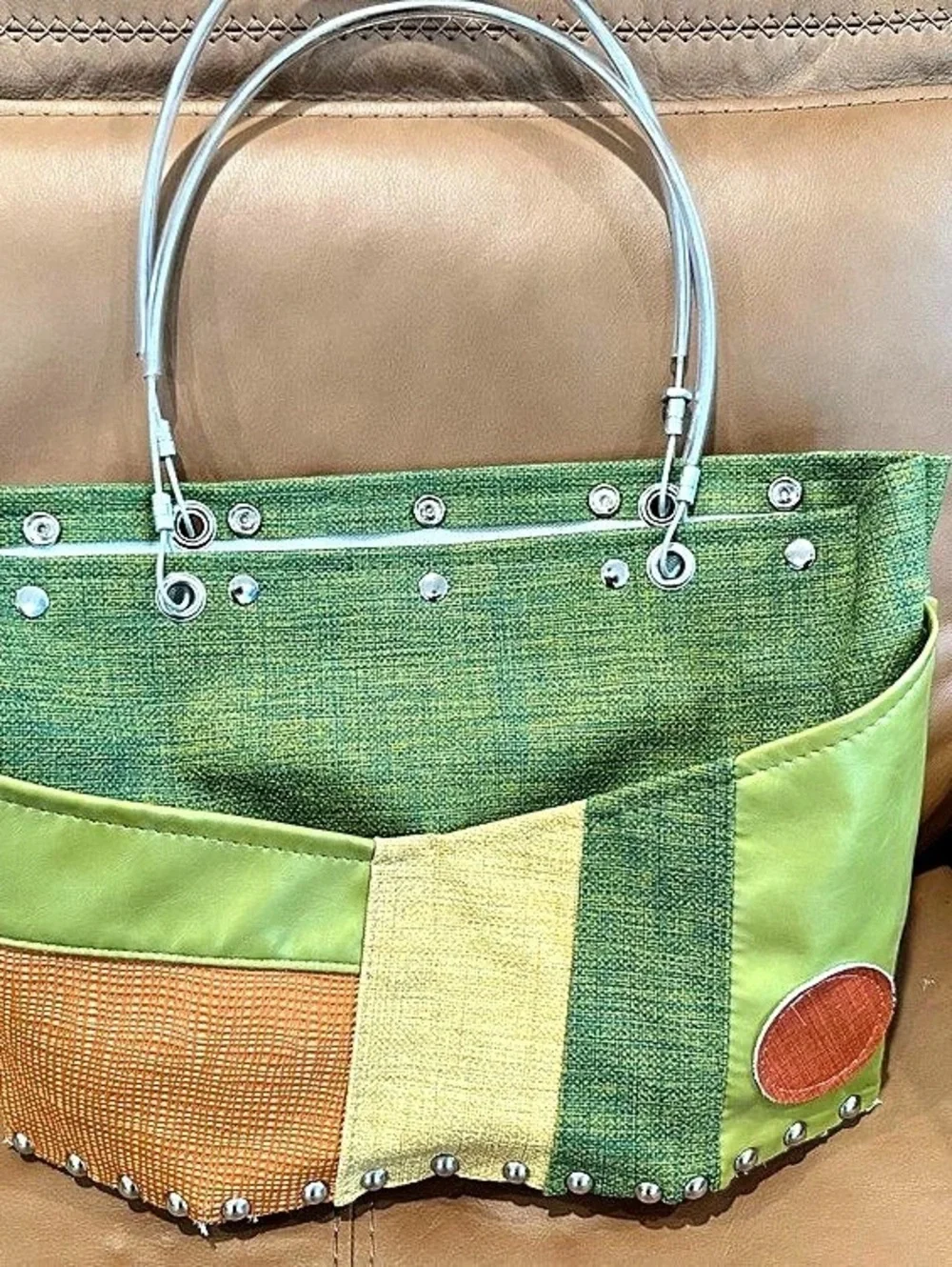 Hardwear by Renee Color Block Studded Tote Green & Orange